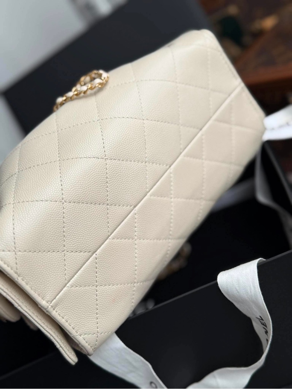 SOLD- CHANEL Mini Cream Quilted Drawstring Shoulder Bag with Gold Hardware - Picture 7 of 8
